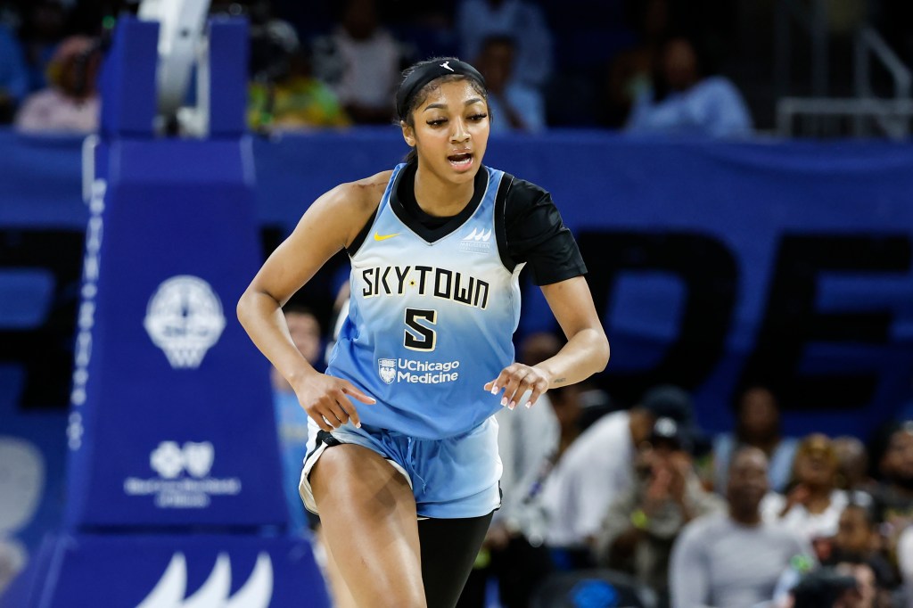 Chicago Sky forward Angel Reese (5) reacting during a WNBA game against the Connecticut Sun at Wintrust Arena, Chicago.