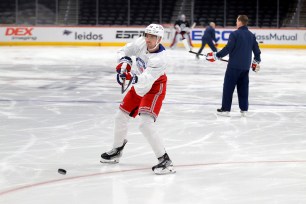 Filip Chytil, pictured during an April 27 practice, returned for the Rangers in Game 3 against the Hurricanes.