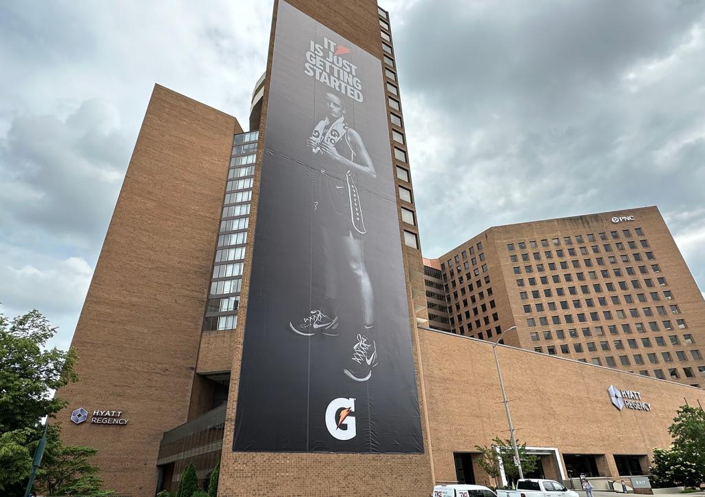 A banner of Caitlin Clark in Indianapolis.
