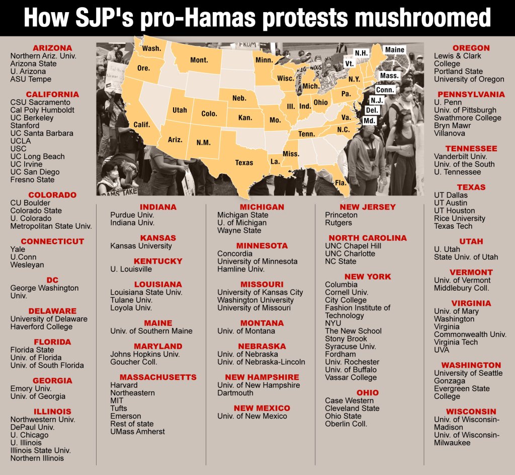 A map showing how SJP's pro-Hamas protests mushroomed