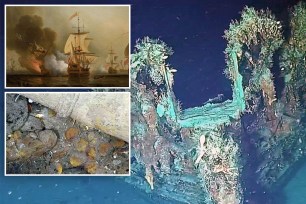 Collage of images depicting the sunken Spanish galleon, San José, in a protected archaeological area in Colombia, believed to be laden with gold, silver, and emeralds.