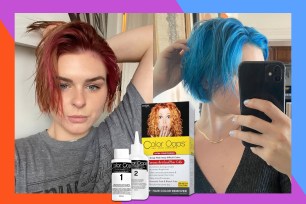 A woman taking a selfie with a phone and a box of hair dye