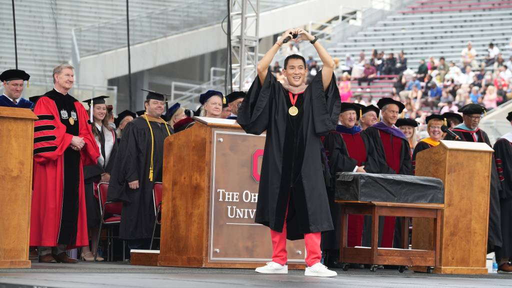 Pan leads the crowd at Sunday's commencement in a "OH-IO" chant on May 5, 2024.