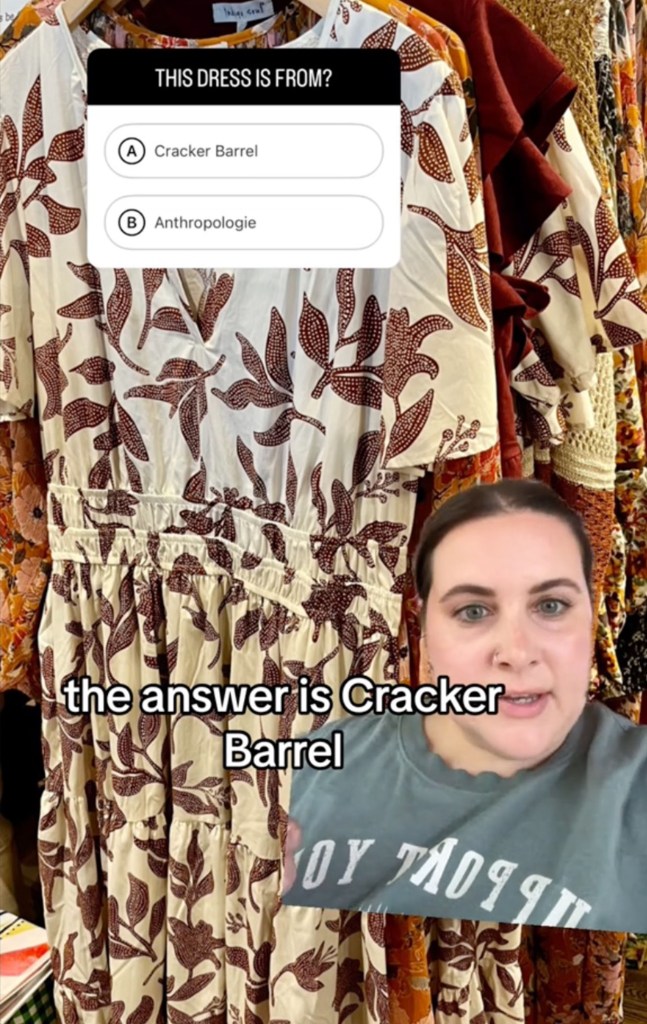 A woman comparing similar dresses from Anthropologie and Cracker Barrel