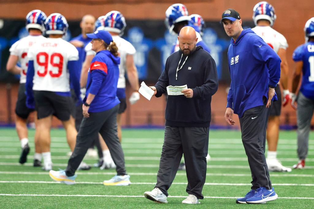 New York Giants head coach Brian Dabol and offensive coordinator Mike Kafka during Rookie Minicamp, Friday, May 10, 2024 in East Rutherford, N.J. 