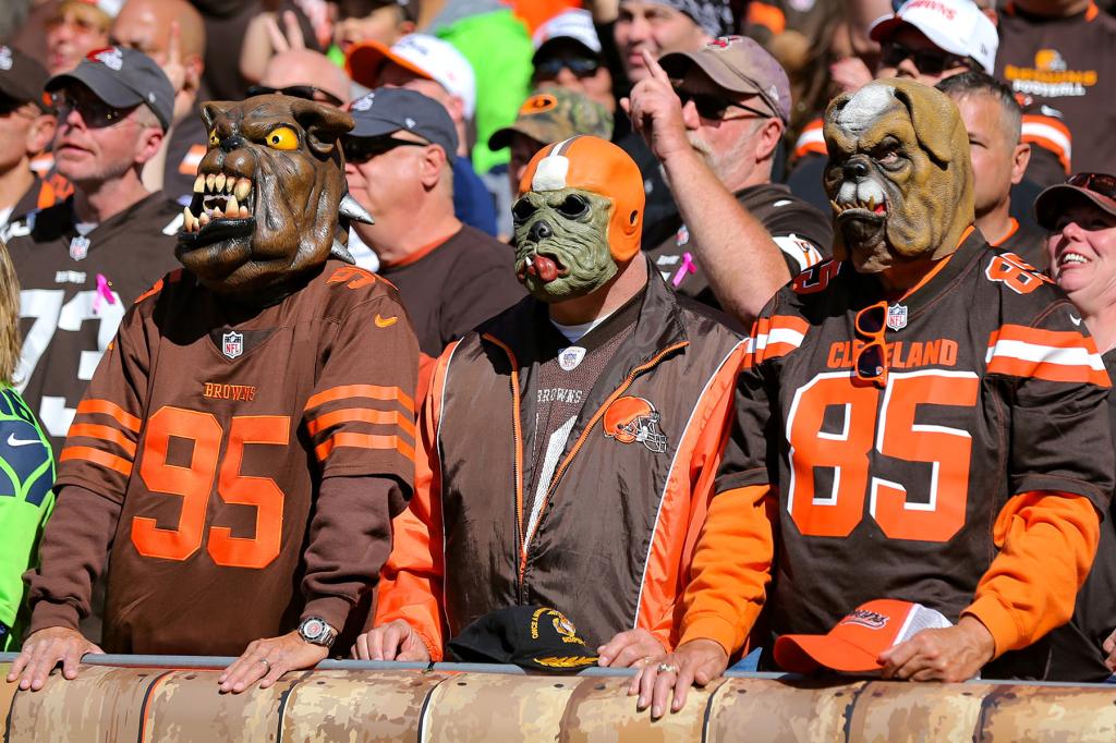 Cleveland Browns fans in dog masks in the Dawg Pound during the second quarter of the National Football League game between the Seattle Seahawks and Cleveland Browns on October 13, 2019, at FirstEnergy Stadium in Cleveland, OH. 