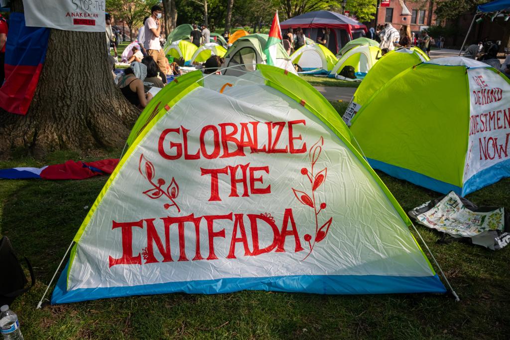 Demonstrators are shown at rutgers university in an ecampment on the main yard in New Brunswick, New Jersey.