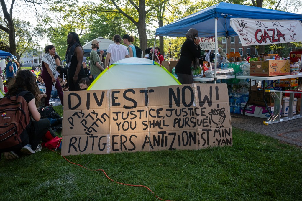 Demonstrators are shown at Rutgers university in an encampment on the main yard in New Brunswick, New Jersey.