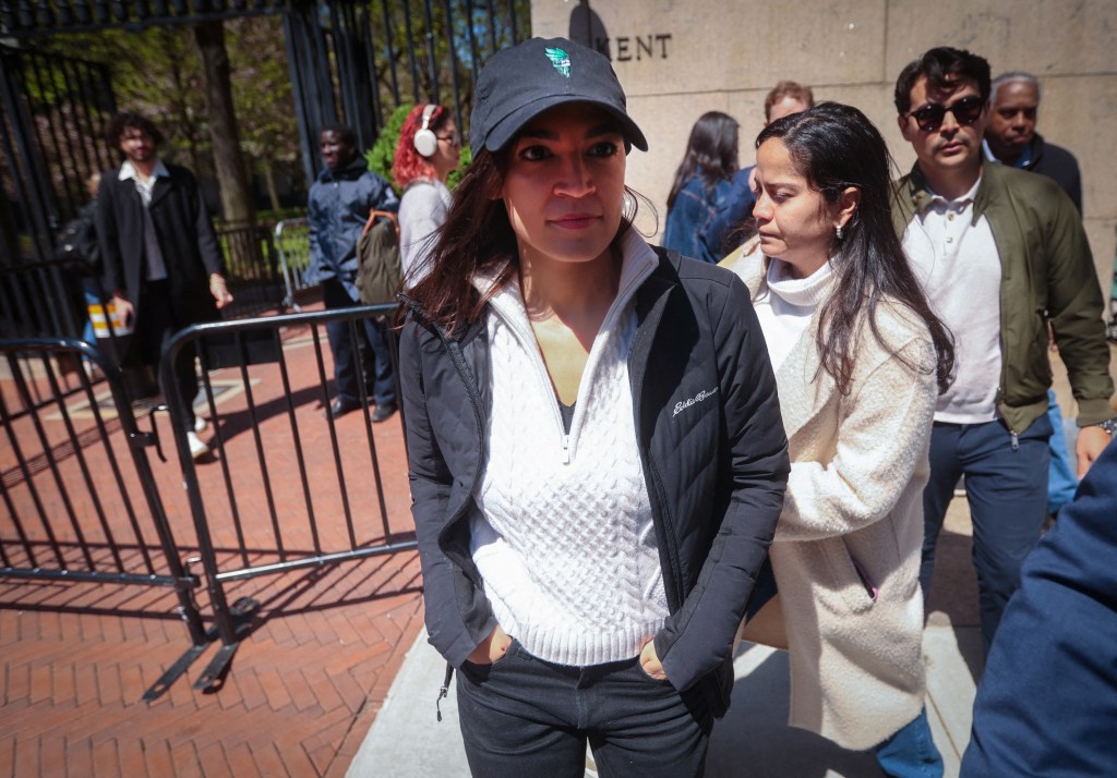 U.S. Representative Alexandria Ocasio-Cortez (D-NY) departs the Columbia University campus after visiting a student protest 