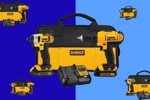 A group of yellow and black DeWalt drills and tool bag