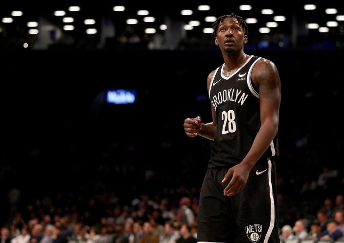 Dorian Finney-Smith #28 of the Brooklyn Nets reacts in the final minutes of the game against the Memphis Grizzlies during the second half at Barclays Center on March 04, 2024 in the Brooklyn borough of New York City. The Memphis Grizzlies defeated the Brooklyn Nets 106-102