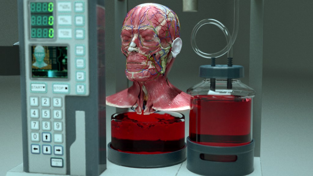 Digital illustration representing the BrainBridgehead head transplant process, displaying a human head with veins and organs in a laboratory setting