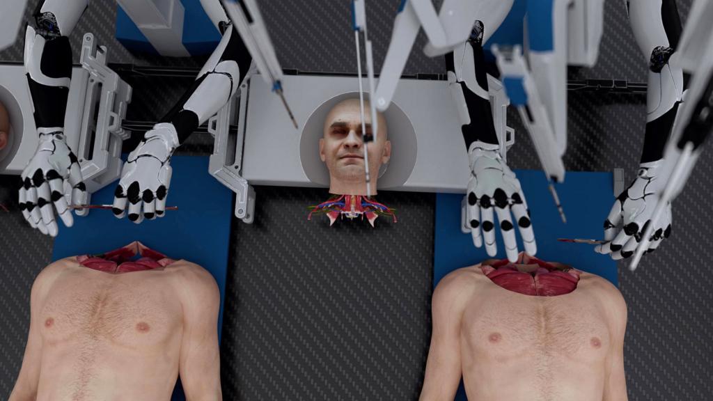 Digital illustration of the BrainBridgehead transplant process involving a robotic arm and a human head.