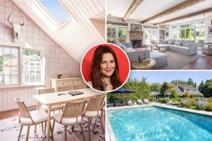 Drew Barrymore standing in front of her charming Hamptons estate with a pool