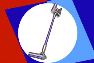 A vacuum cleaner with a purple handle