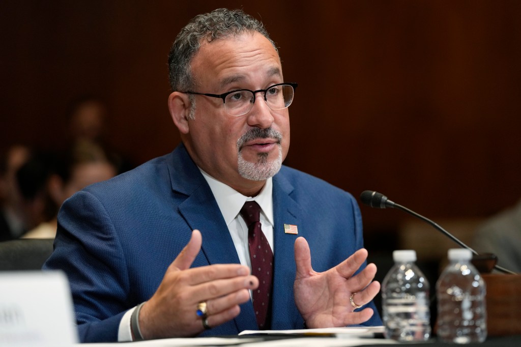 Education Secretary Miguel Cardona testifies during a Senate Appropriations Subcommittee on Labor, Health and Human Services, and Education, and Related Agencies hearing on Capitol Hill in Washington, Tuesday, April 30, 2024, to examine the 2025 budget for the Department of Education.