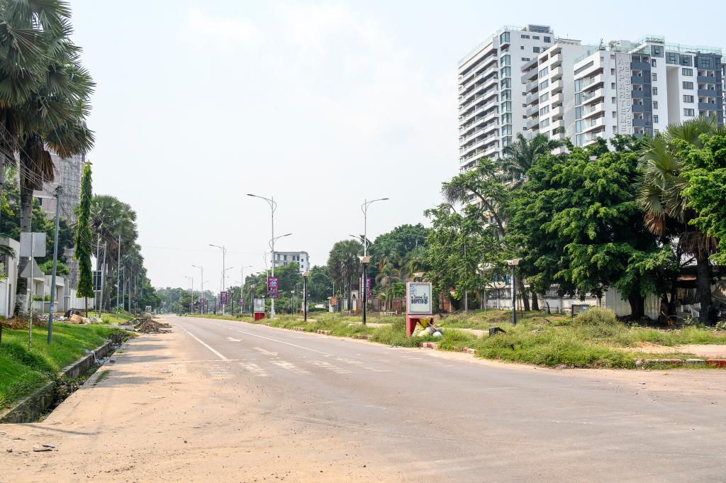 An empty street is pictured in the neighborhood of Gombe in Kinshasa on May 19, 2024.