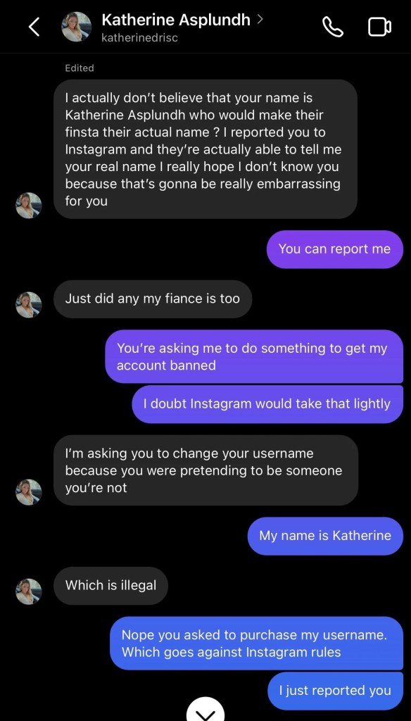 Screenshots of a text conversation where Katherine Asplundh is trying to buy a woman's Instagram handle