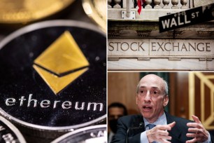 Ethereum coin illustration, Wall Street sign and SEC Chair Gary Gensler