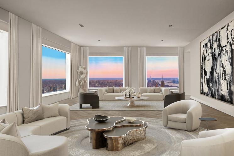 The great room offers unparalleled views of the city including Central Park.