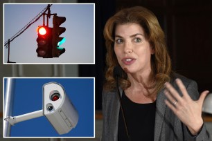 composite image: upper left traffic light; lower left a red light camera attached to a pole; riight Julie Menin