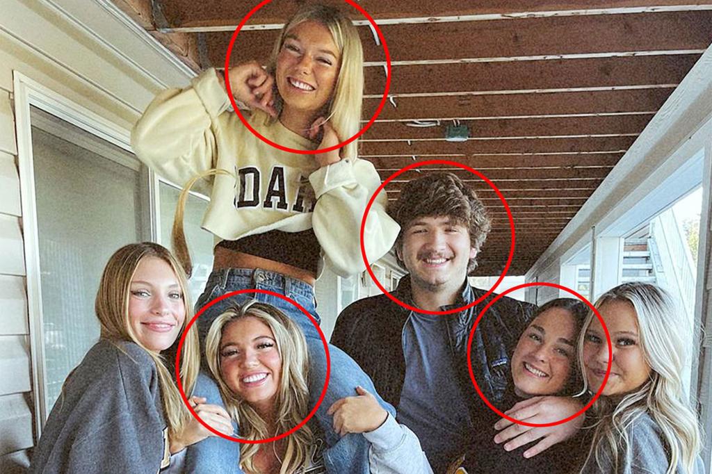 The four students who were found dead are Madison Mogen, 21, top left, Kaylee Goncalves, 21, bottom left, Ethan Chapin, 20, center, and Xana Kernodle, 20, right.