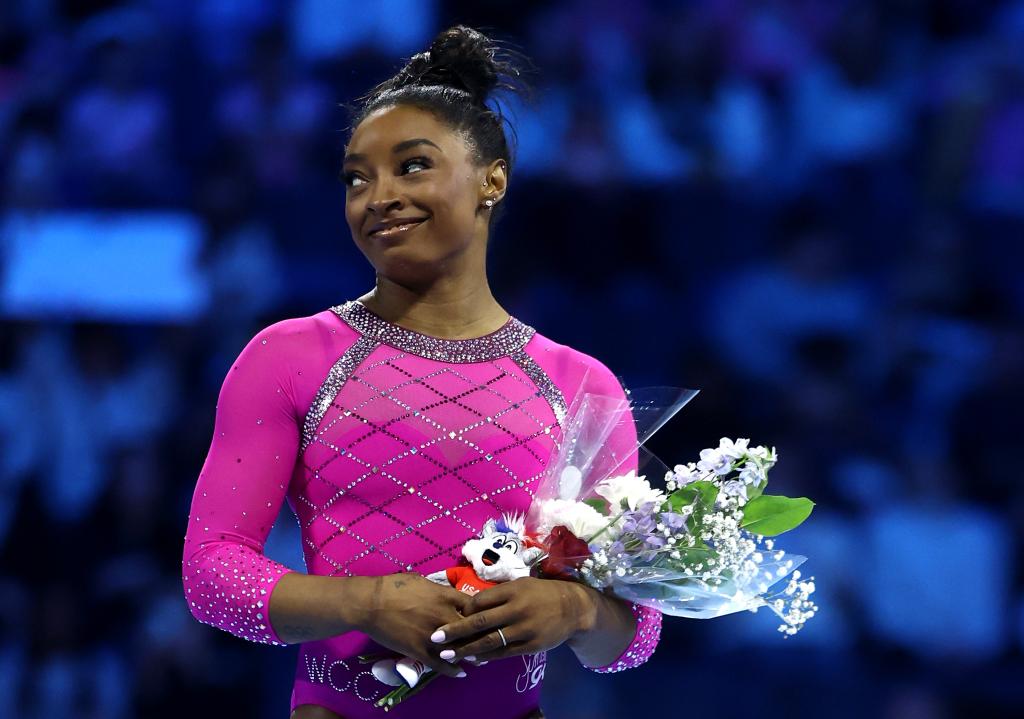 First place Simone Biles smiles after the 2024 Core Hydration Classic at XL Center on May 18, 2024 in Hartford, Connecticut. 