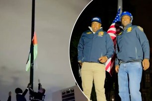 Old Glory after anti-Israel protesters removed it and replaced it with a Palestinian flag at the Harlem Heights campus.