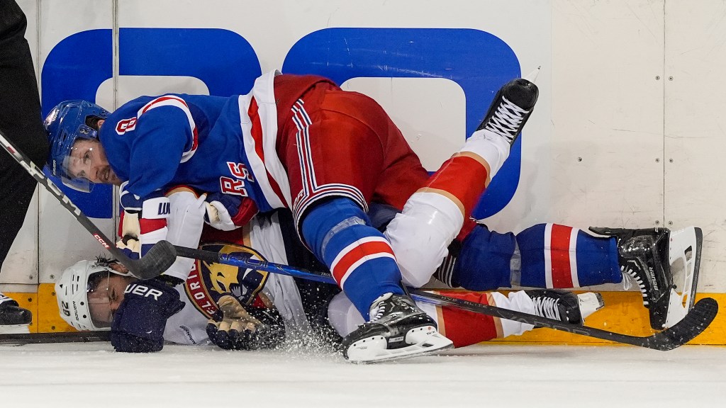 Rangers defenseman Jacob Trouba after a collision with the Panthers' Kevin Stenlund during Game 1.