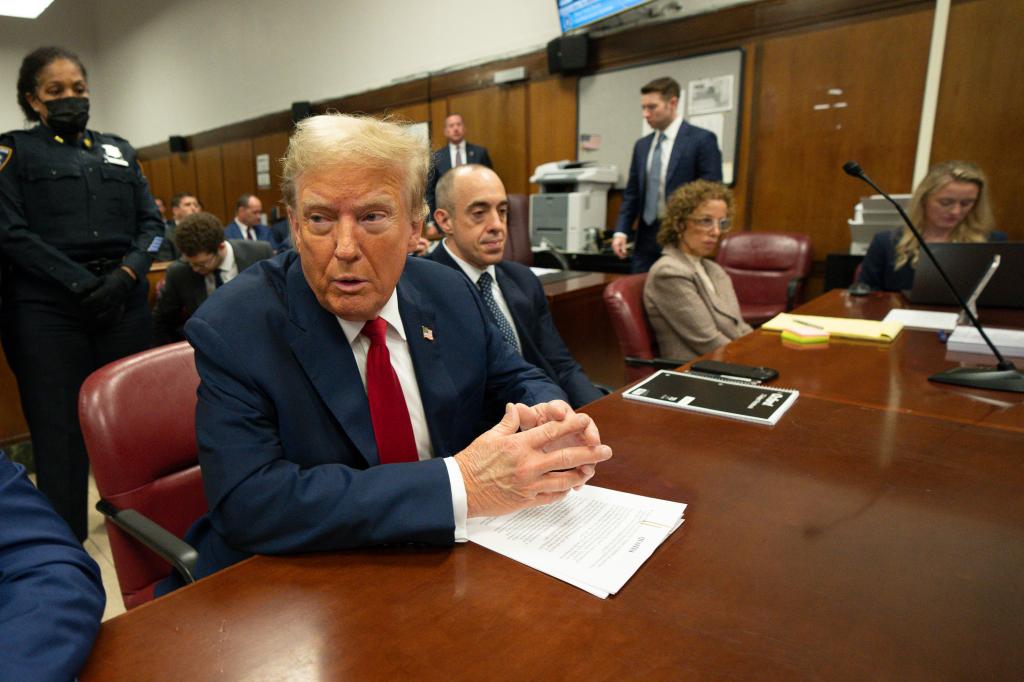 Former President Donald Trump sitting at a table in Manhattan criminal court, with people in the background, on May 16, 2024.