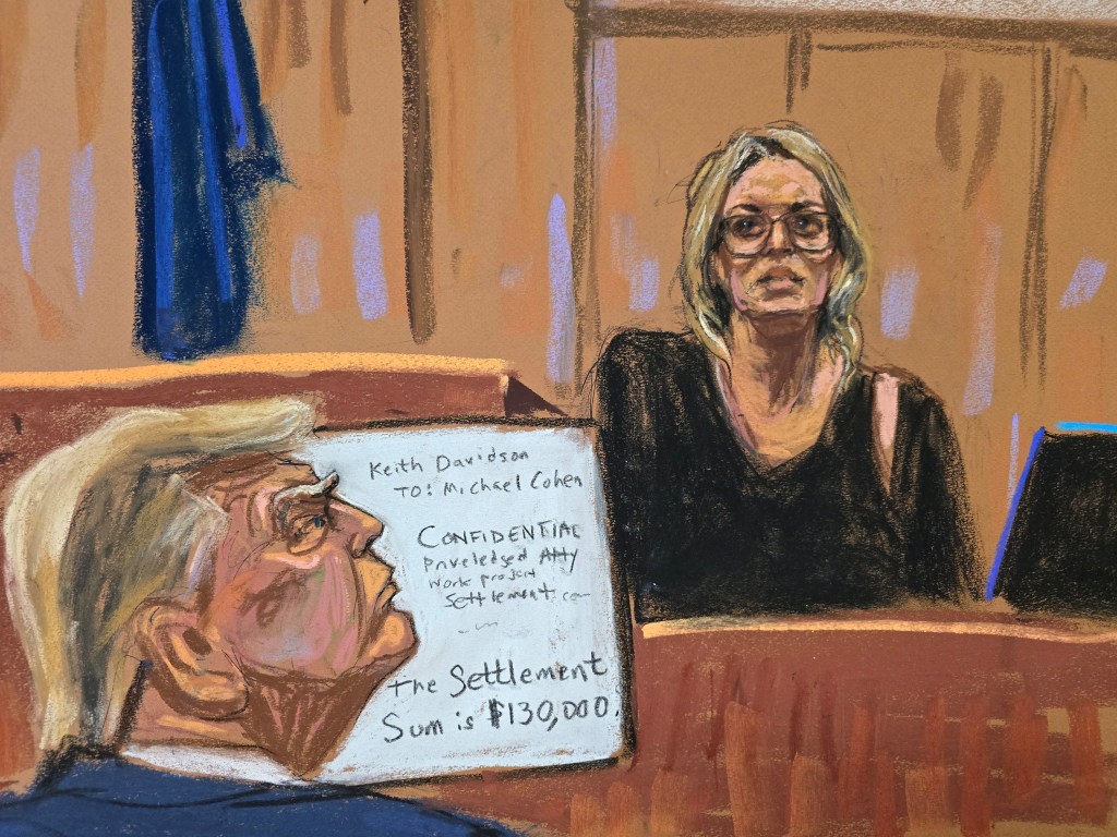 Former U.S. President Donald Trump watches as Stormy Daniels is questioned by prosecutor Susan Hoffinger during Trump's criminal trial on charges that he falsified business records to conceal money paid to silence porn star Stormy Daniels in 2016, in Manhattan state court in New York City, U.S. May 7, 2024 in this courtroom sketch.