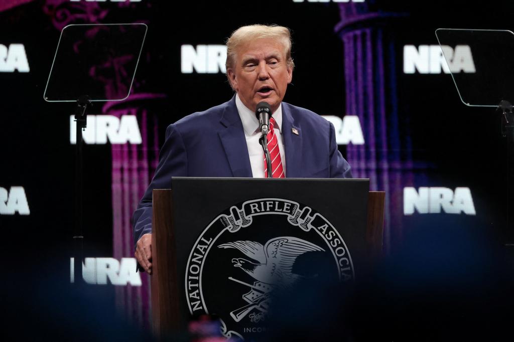 Former U.S. President and Republican presidential candidate Donald Trump delivers a speech during the annual National Rifle Association (NRA) meeting in Dallas, Texas, U.S., May 18, 2024