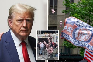 Controversial activist Scott Lobaido released 100 pink, penis-shaped balloons featuring the faces of Donald Trump foes like Manhattan District Attorney Alvin Bragg Thursday outside the courthouse.