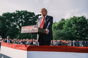 Former US president Donald Trump speaks at the rally in Cortona Park in the Bronx.