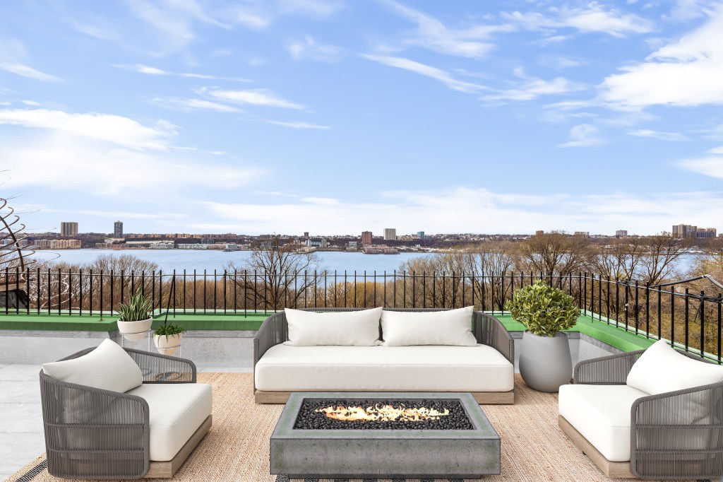 The 2000 square foot terrace overlooks the Hudson River.