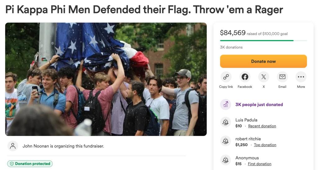 Frat brothers protect US flag. 