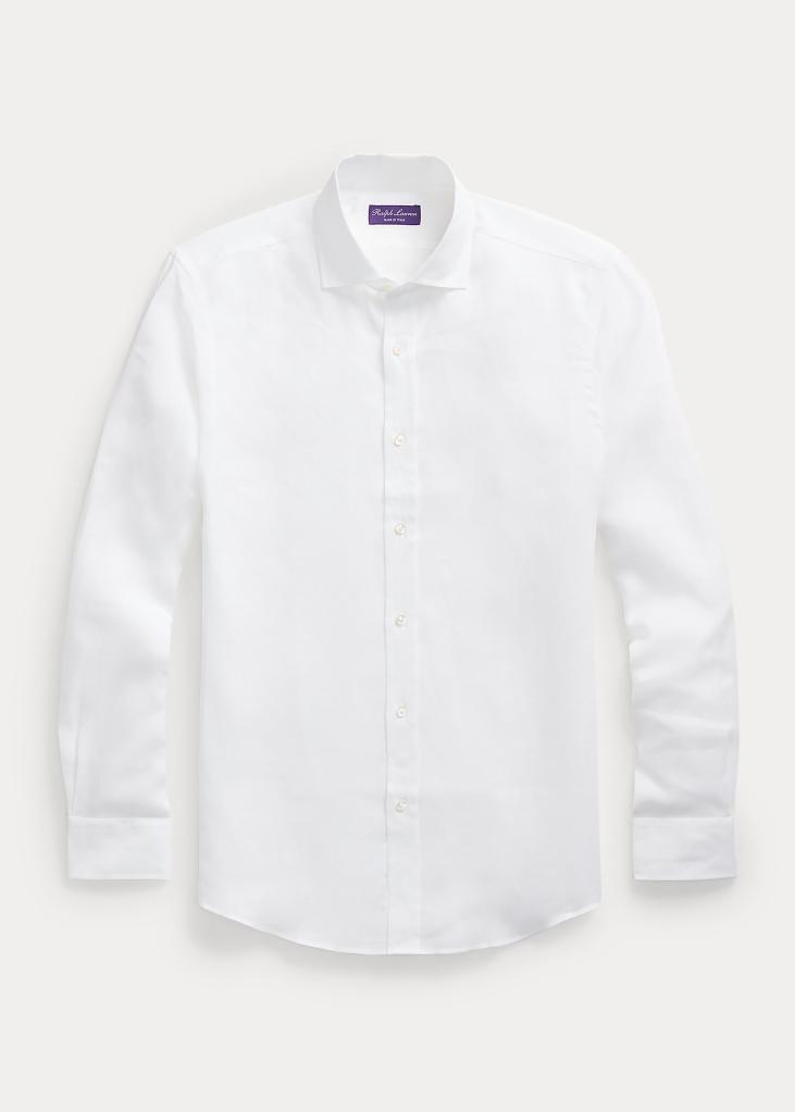 Ralph Lauren Purple Label linen shirt being showcased on a plain white background