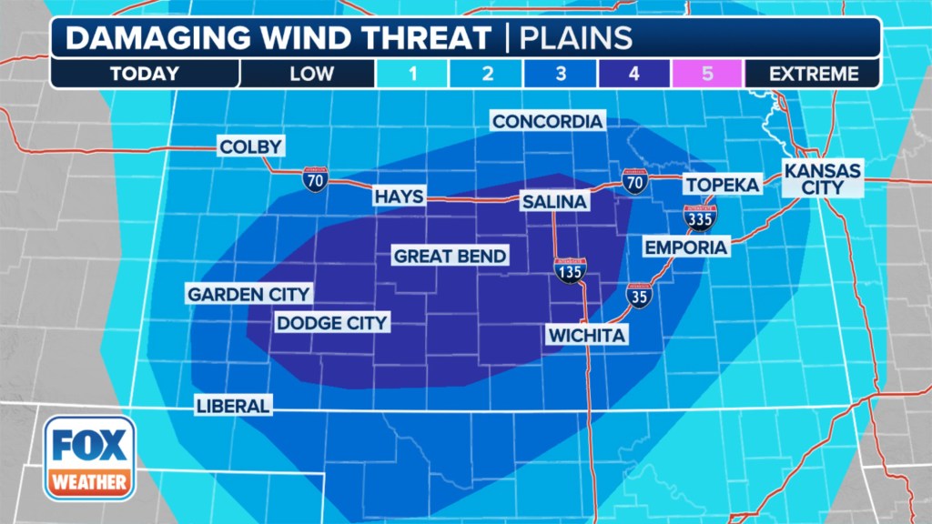 This graphic shows the damaging wind threat in the central U.S.