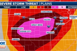 Graphic map displaying the severe weather threat forecasted for Sunday, May 19, 2024 by FOX Weather