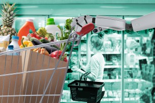 an illustration of a robot pushing a shopping cart