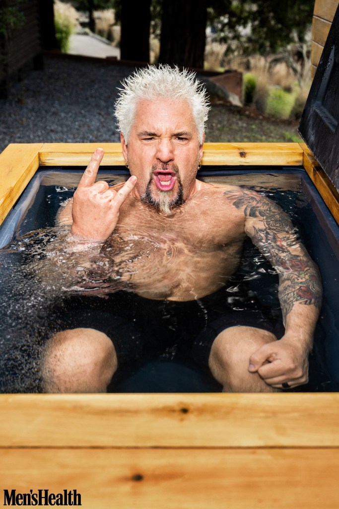 Fieri recovers from his workouts with 15 minutes in his wooden-barrel sauna and at least three minutes in his cold plunge tub.