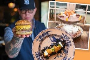 Various foods from the Hamptons and a man holding a burger.