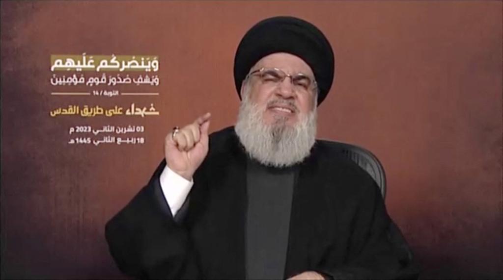 Hezbollah leader Sayyed Hassan Nasrallah delivers his first address since the October conflict between Hamas and Israel, on November 3, 2023.