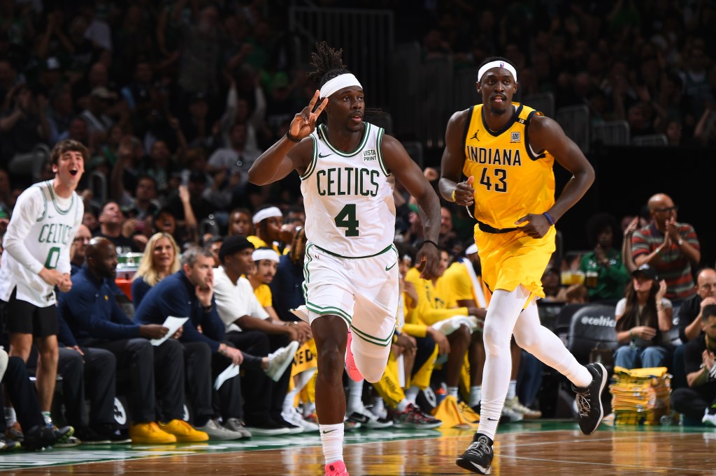 Jrue Holiday #4 of the Boston Celtics celebrates during the game against the Indiana Pacers during Game 1 of the Eastern Conference Finals of the 2024 NBA Playoffs on May 21, 2024 at the TD Garden in Boston, Massachusetts.