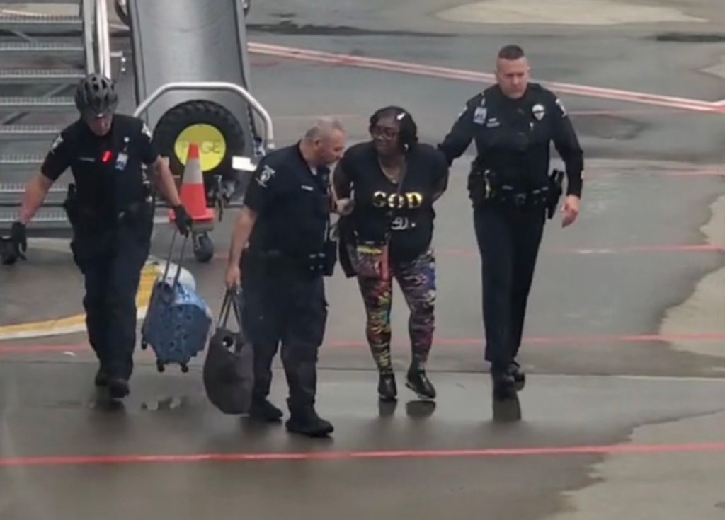 The woman, who is unidentified, was led off the plane by police. 