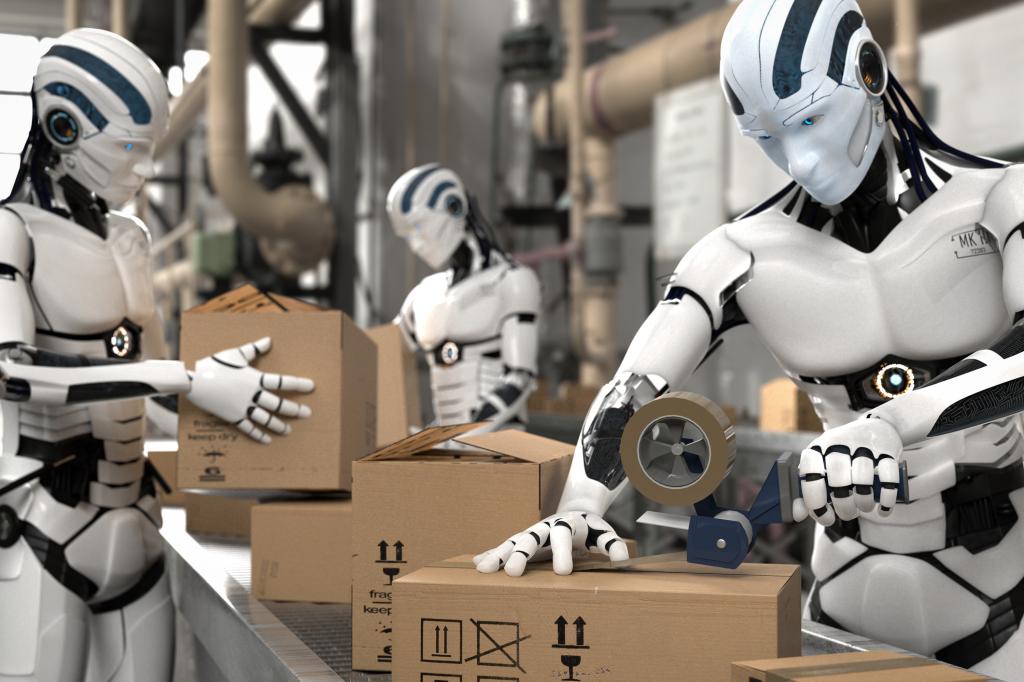 3D illustration of robots working as warehouse workers, packaging and picking cardboard boxes