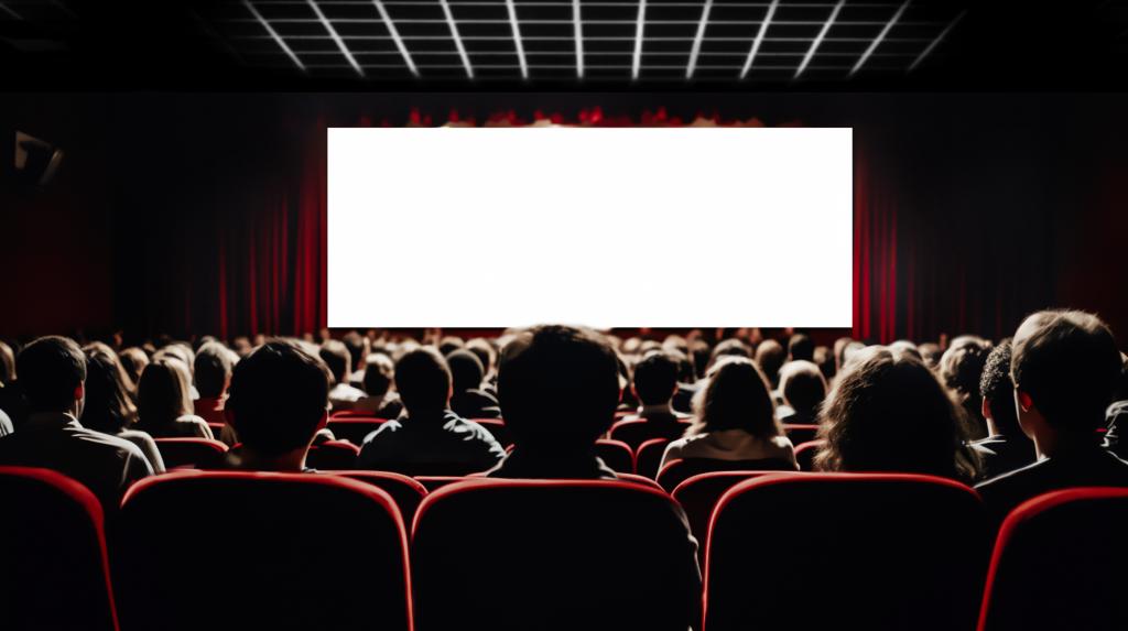 Cinema blank screen and people in red chairs in the cinema hall.