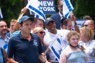 New York City Mayor Eric Adams marches in the Celebrate Israel Parade with the Jewish Community Relations Council of New York (JCRC-NY) on 5th Avenue in Manhattan on Sunday, May 22, 2022.