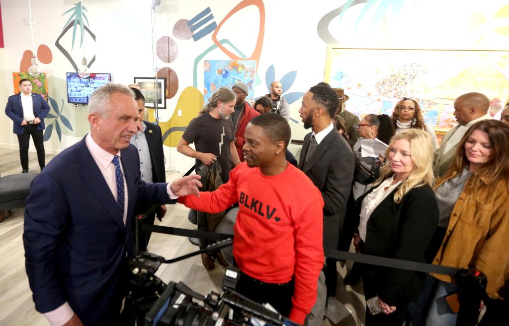 Robert F. Kennedy, Jr., meets with supporters at the end of, "The Present State of Black America," panel discussion at Artlounge Collective in Los Angeles on February 1, 2024. 