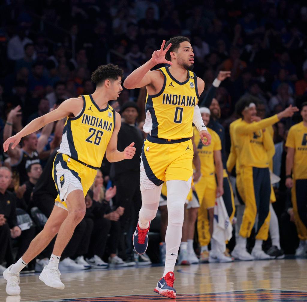 Pacers guard Tyrese Haliburton reacts after hitting a 3-pointer against the Knicks in Game 7 on Sunday.